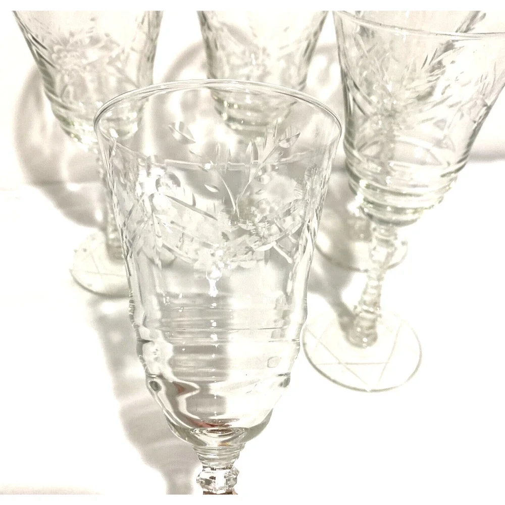 Libbey Rock Sharpe ARCTIC ROSE Goblets Water Glasses Set of 5 Clear etch crystal